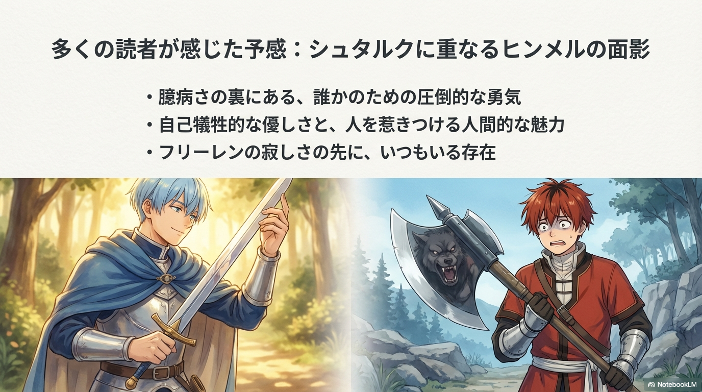 シュタルクに重なるヒンメルの面影と、臆病さの裏にある勇気や人間的魅力を解説するスライド