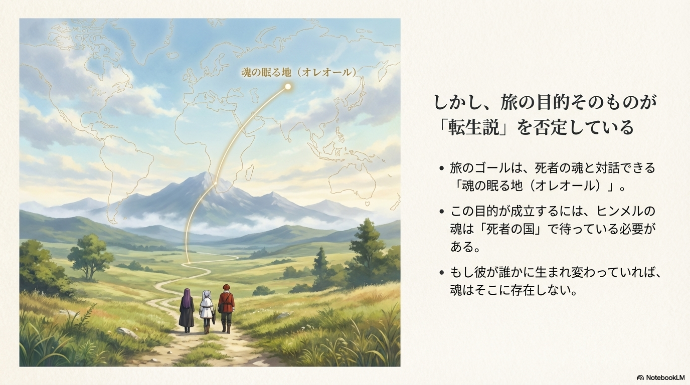 魂の眠る地（オレオール）を目指す旅の目的が、ヒンメルの魂が死者の国にいることを示唆している図解