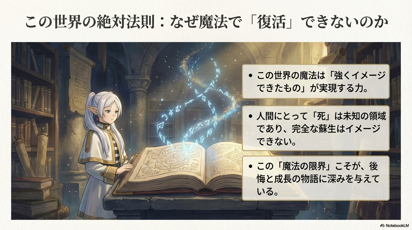 魔法はイメージの世界であり、未知の領域である「死」の蘇生が不可能な理由を説明するスライド