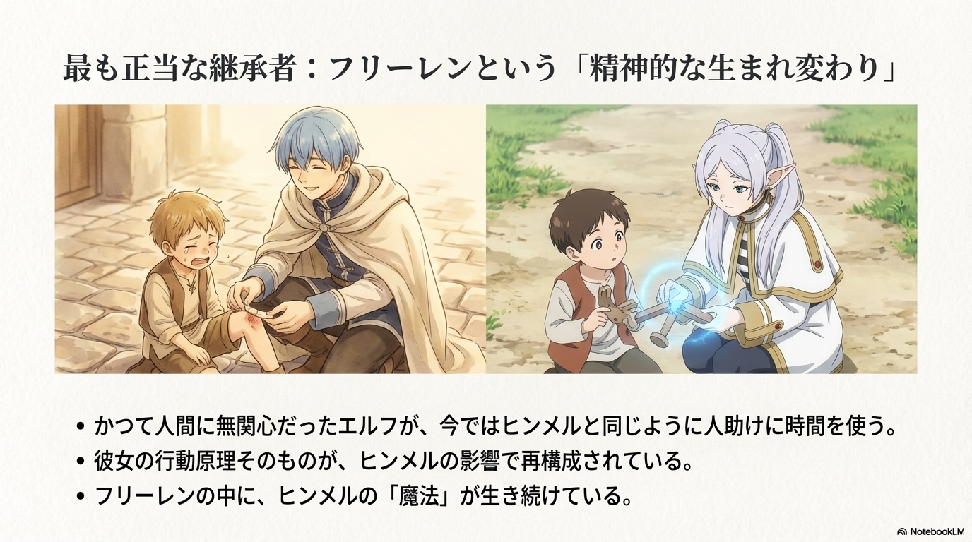 ヒンメルの影響で人助けをするようになったフリーレンの行動原理の変化と「魔法」の継承