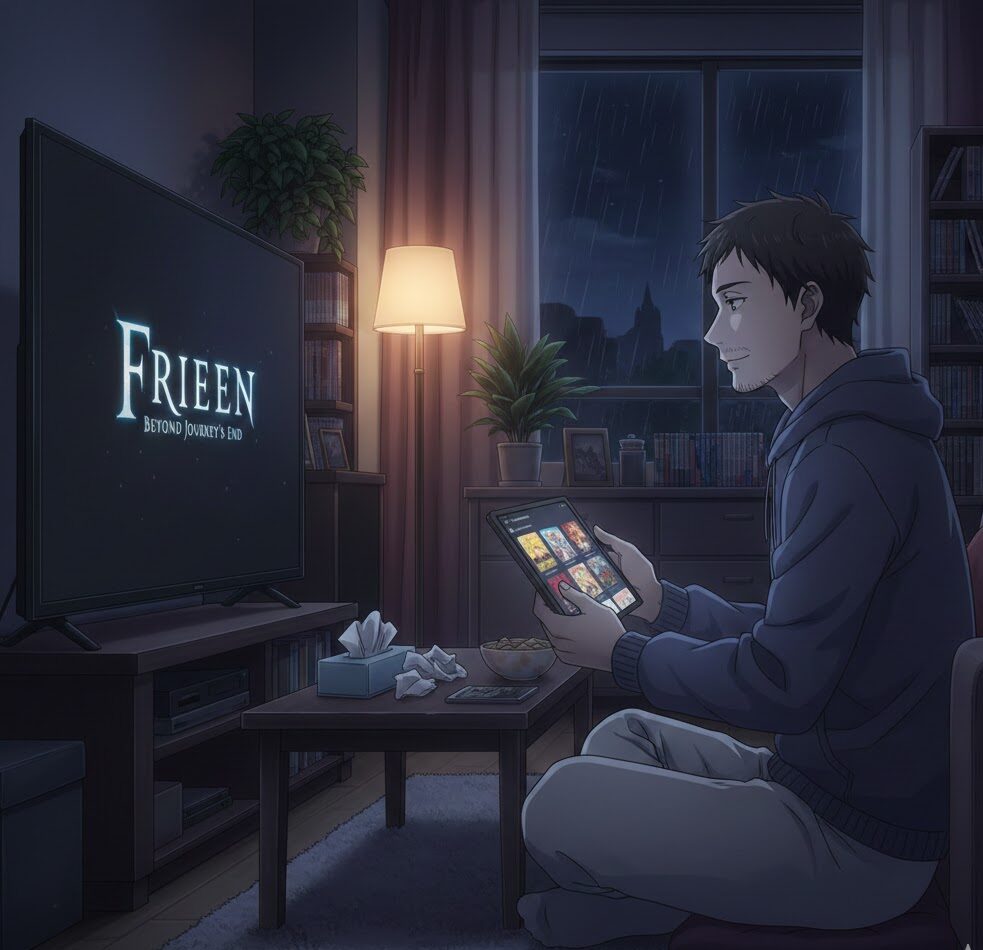 アニメ『葬送のフリーレン』を見終えてロスを感じ、静かな夜のリビングで余韻に浸りながら次の作品を探している日本人男性の様子。