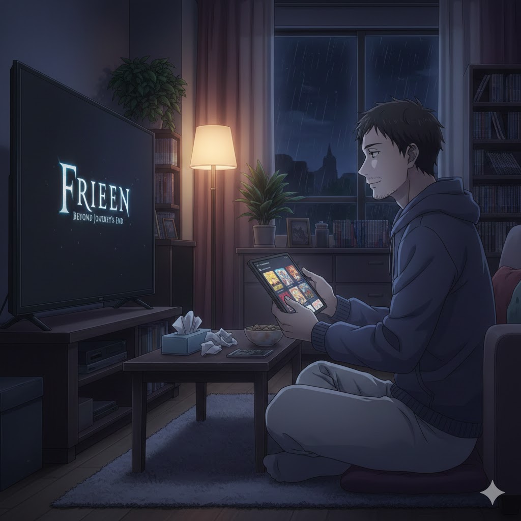 アニメ『葬送のフリーレン』を見終えてロスを感じ、静かな夜のリビングで余韻に浸りながら次の作品を探している日本人男性の様子。