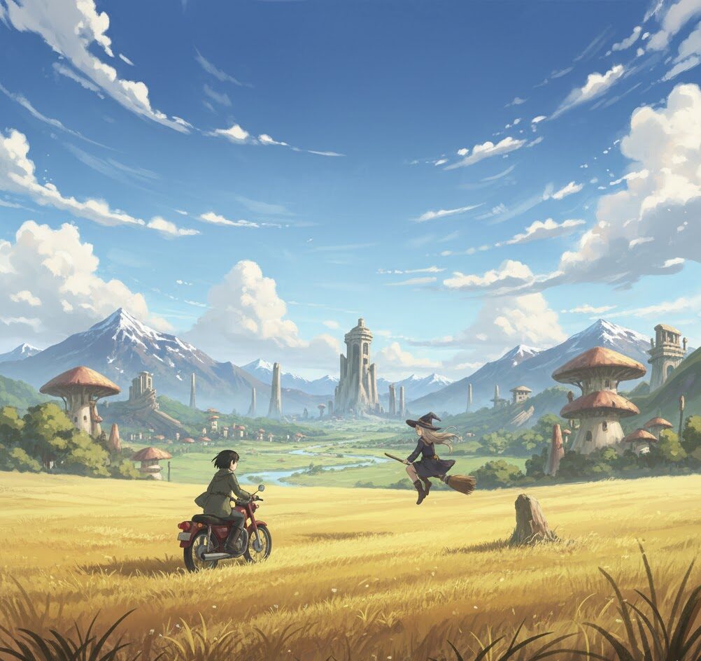 広大な草原と青空の下、異国情緒あふれる世界を旅する冒険者の風景。『キノの旅』や『魔女の旅々』のような旅情を感じさせるファンタジー背景。