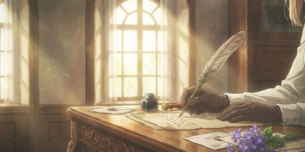 窓から差し込む柔らかな光の中、アンティークな机で手紙を綴る様子。『ヴァイオレット・エヴァーガーデン』のような情緒的で美しい手紙と記憶のイメージ。