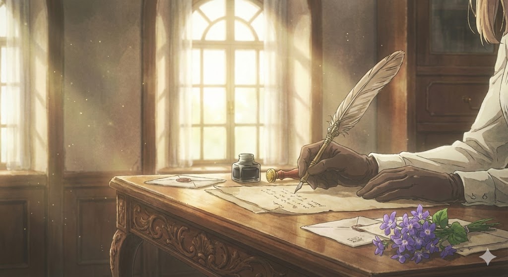 窓から差し込む柔らかな光の中、アンティークな机で手紙を綴る様子。『ヴァイオレット・エヴァーガーデン』のような情緒的で美しい手紙と記憶のイメージ。