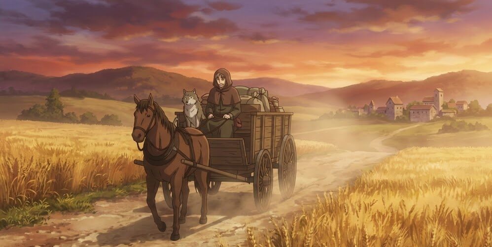 夕暮れの麦畑の道をゆっくりと進む荷馬車と商人の旅路。『狼と香辛料』のような穏やかで長い旅の時間を表現した中世ファンタジーの風景。