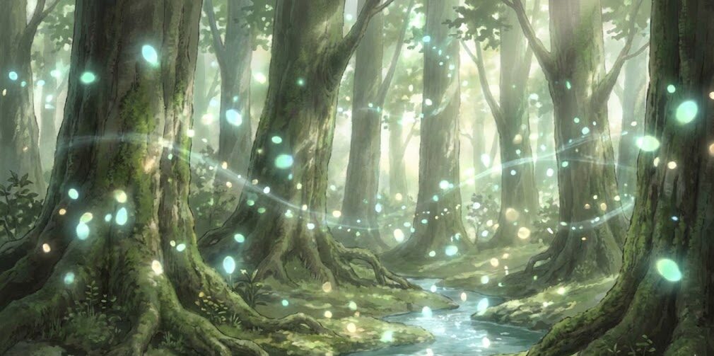 深い森の中に神秘的な光の粒子が漂う静寂な風景。『蟲師』のような自然と生命の理を感じさせる、静かで美しい和風ファンタジーの世界観。