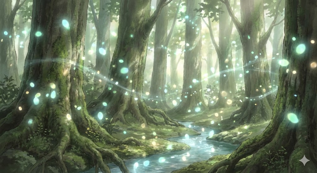 深い森の中に神秘的な光の粒子が漂う静寂な風景。『蟲師』のような自然と生命の理を感じさせる、静かで美しい和風ファンタジーの世界観。