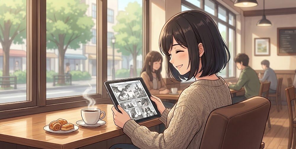 落ち着いたカフェでコーヒーを飲みながら、タブレットで電子書籍のファンタジー小説や漫画を楽しんでいる日本人のリラックスした読書風景。