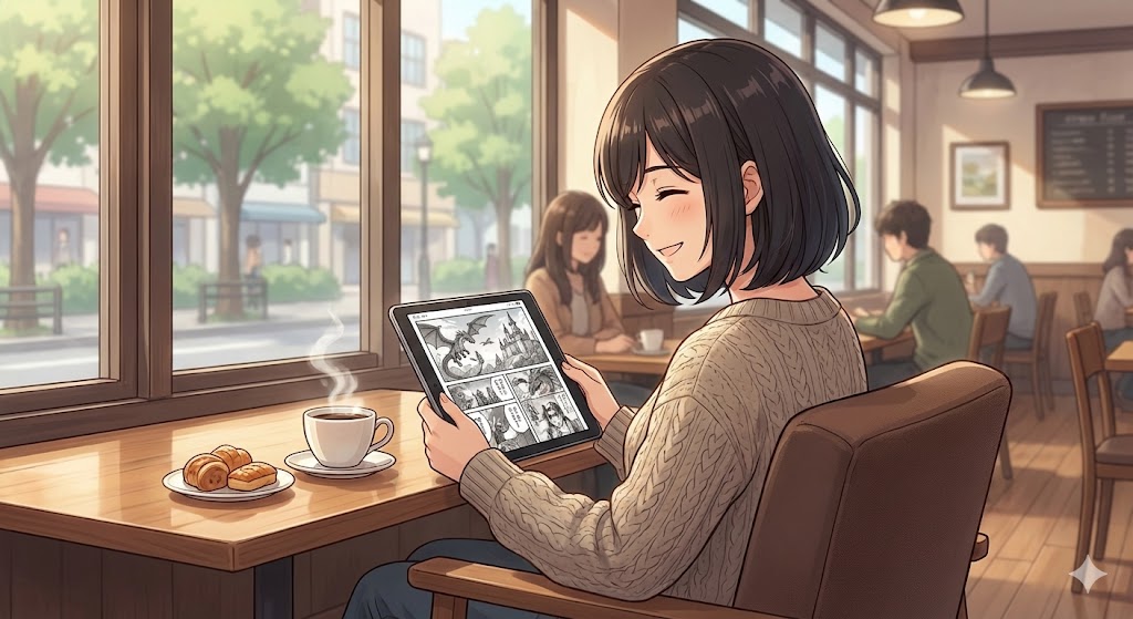 落ち着いたカフェでコーヒーを飲みながら、タブレットで電子書籍のファンタジー小説や漫画を楽しんでいる日本人のリラックスした読書風景。