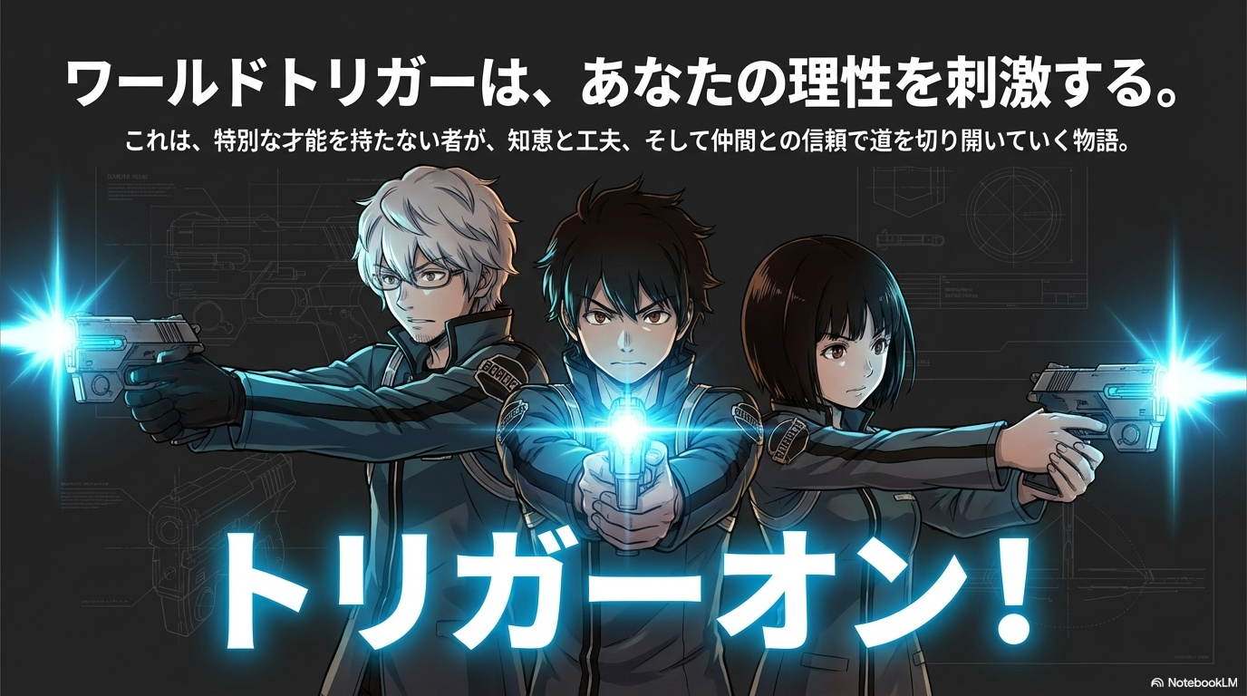 ボーダー隊員たちがトリガーを構え、一斉に「トリガーオン！」と起動する、物語への参加を促すラストシーンのイメージ