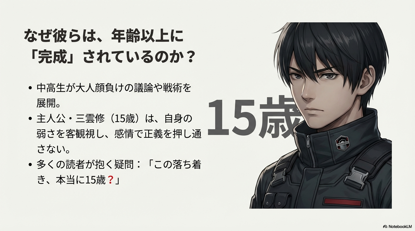 主人公三雲修が15歳とは思えない落ち着きを持つ理由を解説するスライド