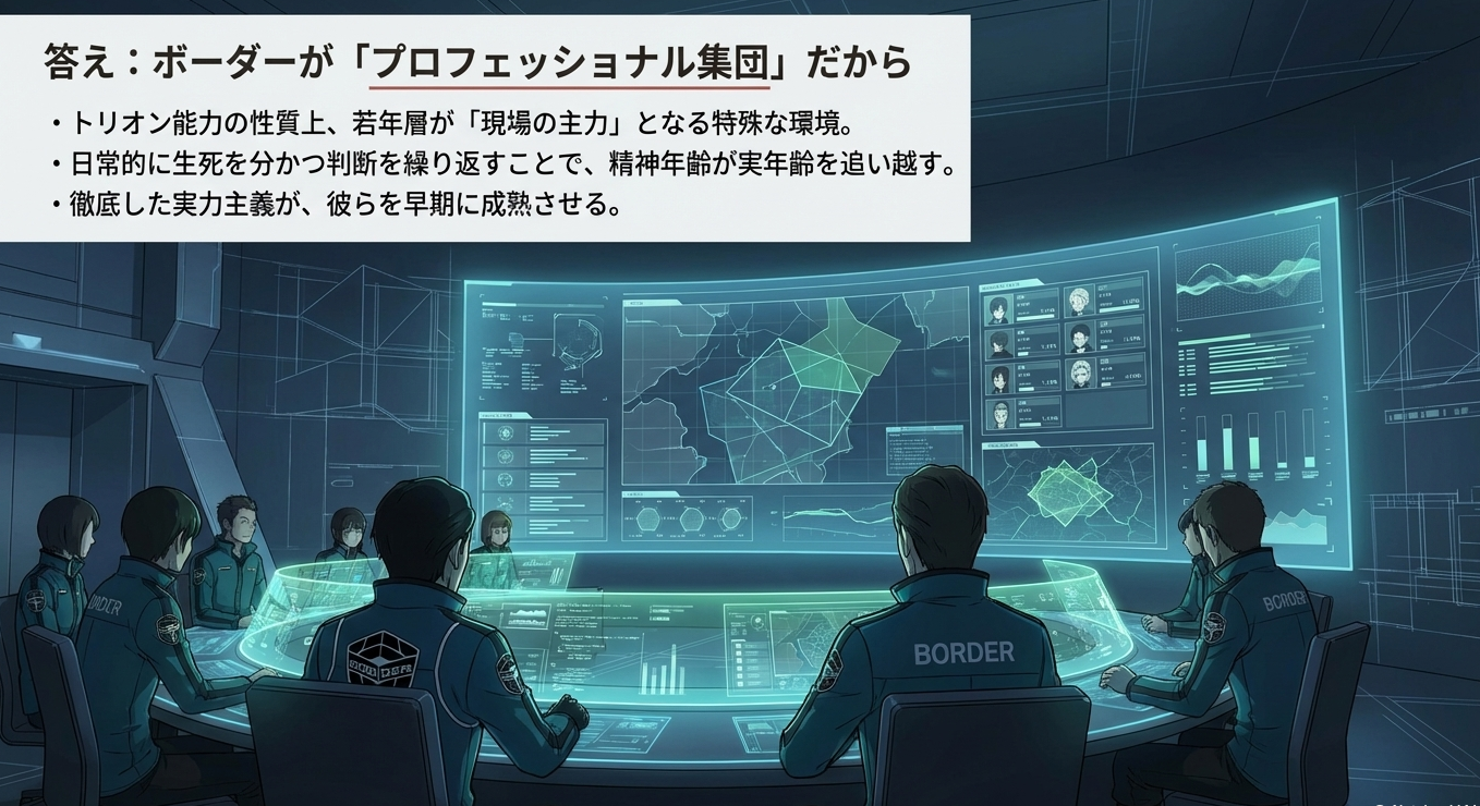 トリオン能力の性質と実力主義が隊員を早期に成熟させる仕組みの解説図