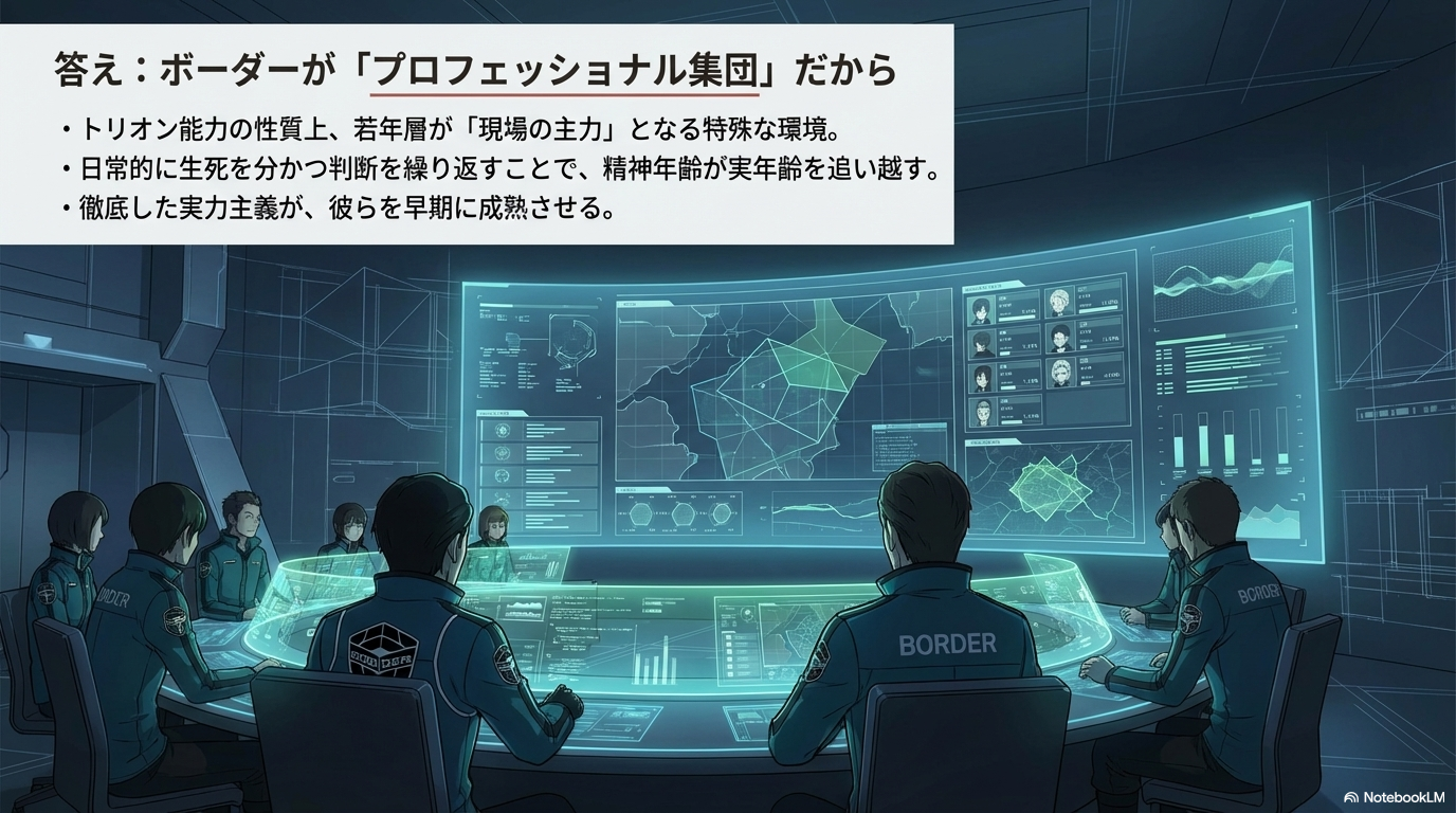 トリオン能力の性質と実力主義が隊員を早期に成熟させる仕組みの解説図