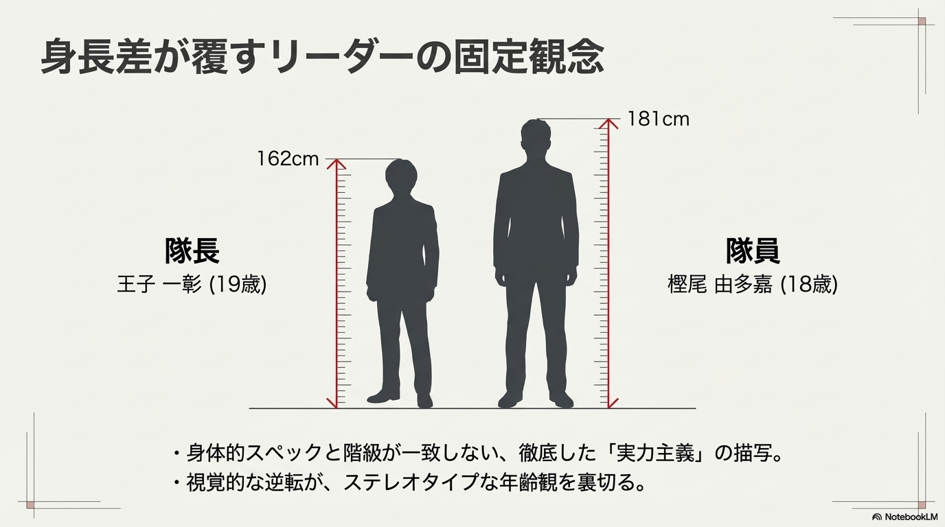 162cmの王子一彰隊長と181cmの樫尾由多嘉隊員の身長比較と実力主義の描写