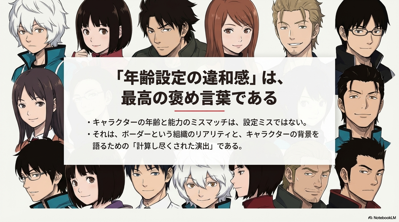 キャラクターの年齢と能力のミスマッチが作品のリアリティを語る演出であることのまとめ
