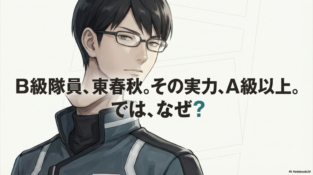 B級隊員東春秋の実力と謎を問いかけるスライド資料