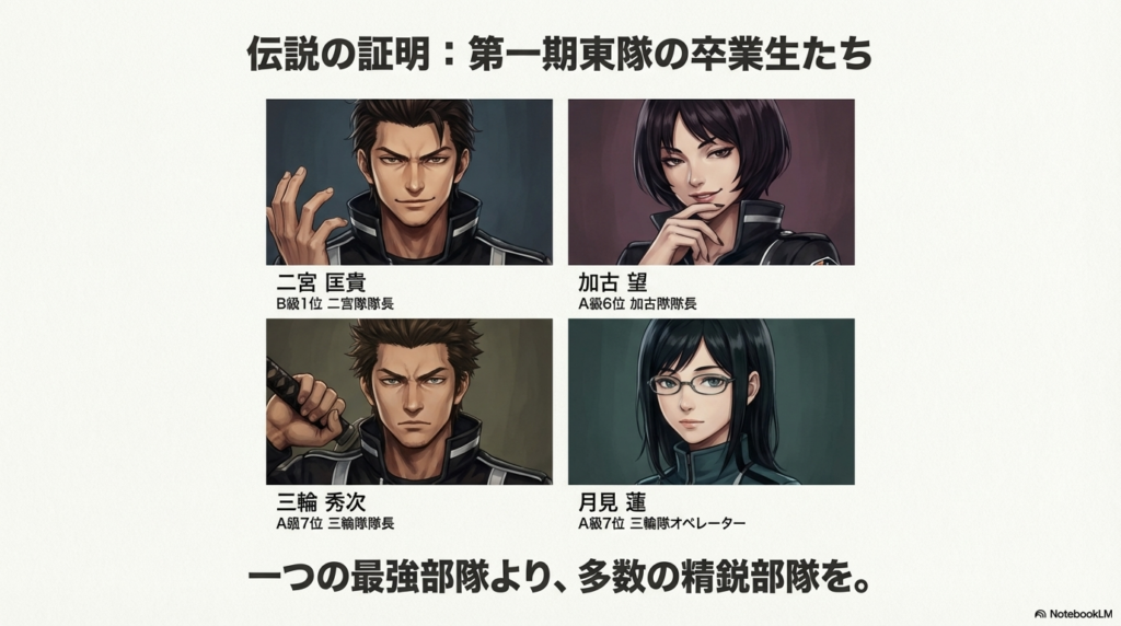 伝説の第一期東隊メンバー：二宮・加古・三輪・月見