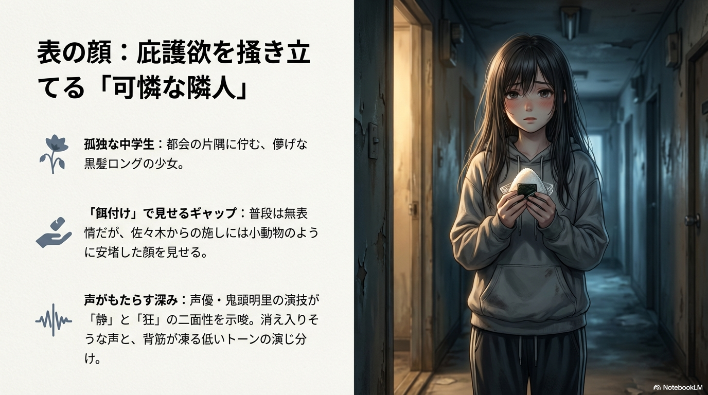 佐々木におにぎりをもらい安堵の表情を見せるお隣さん