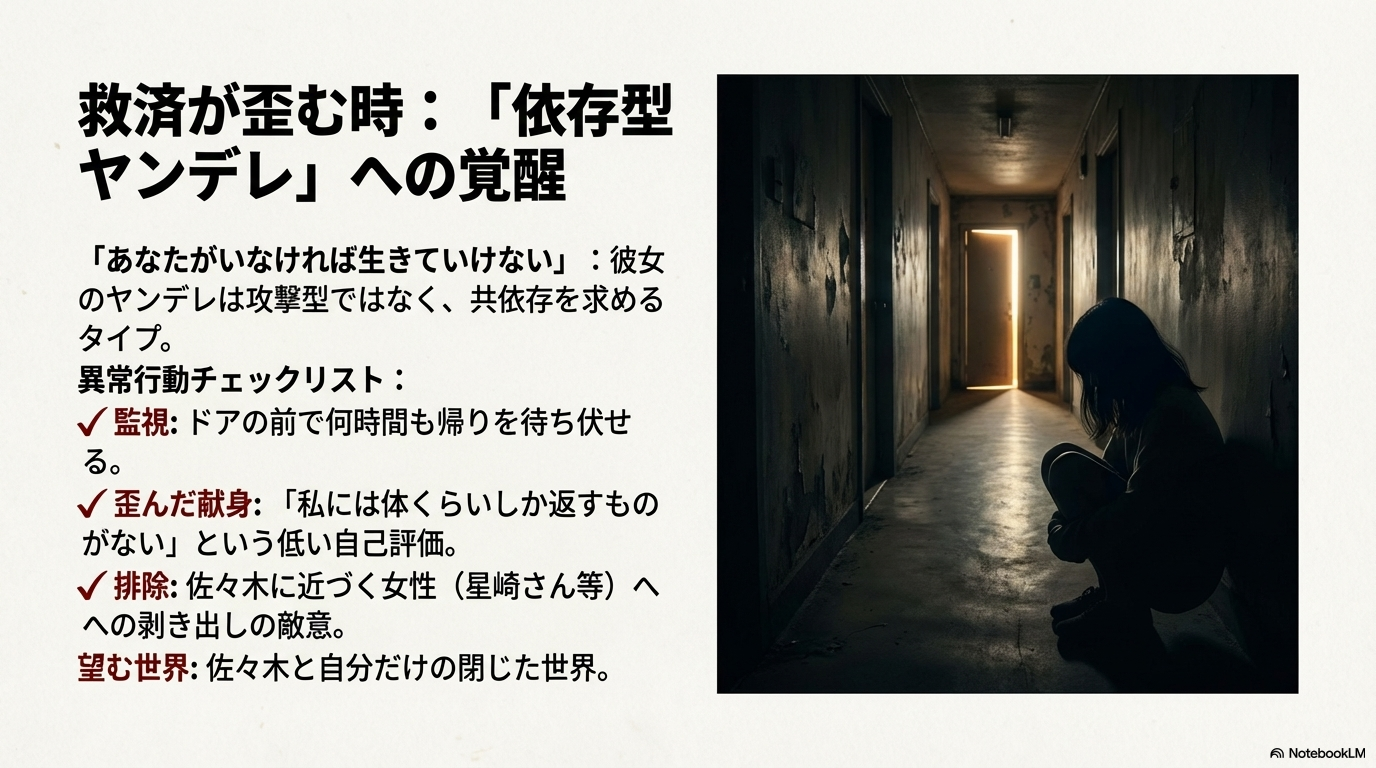 佐々木への依存と執着を強め、暗い廊下で座り込むお隣さん
