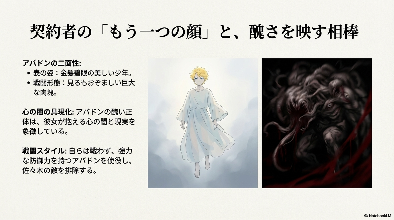 悪魔アバドンの天使のような少年の姿と醜悪な肉塊の戦闘形態