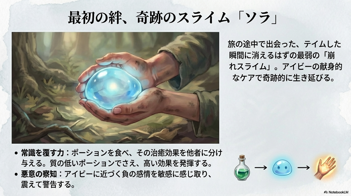 崩れスライムのソラが持つ、ポーションを食べて治癒効果を与える力や、悪意を察知する特殊能力についての解説スライド。