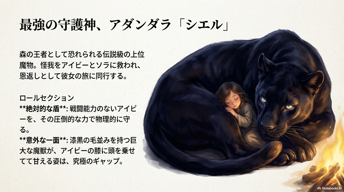 伝説級の魔物アダンダラのシエルが、戦闘能力のないアイビーを物理的に守る役割と、彼女に甘えるギャップについての紹介スライド。