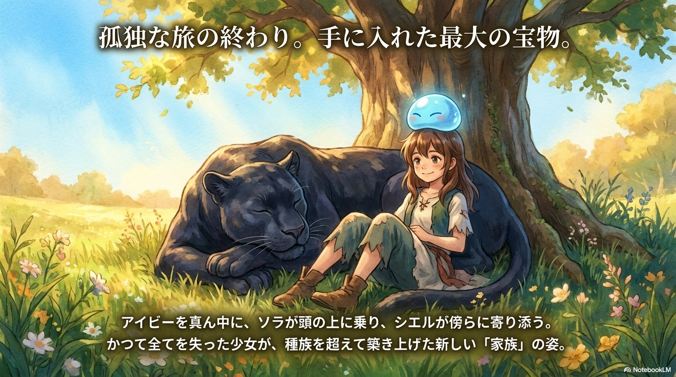 孤独だったアイビーが、スライムのソラやアダンダラのシエルと共に築き上げた新しい家族の形を描いたスライド。