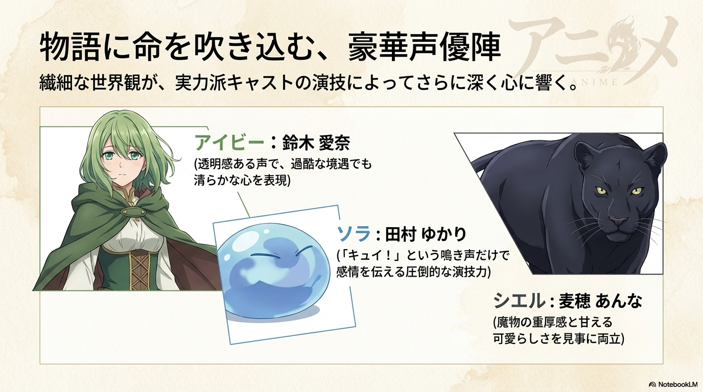 アイビー役の鈴木愛奈、ソラ役の田村ゆかり、シエル役の麦穂あんななど、アニメ版の豪華声優陣をまとめたスライド。