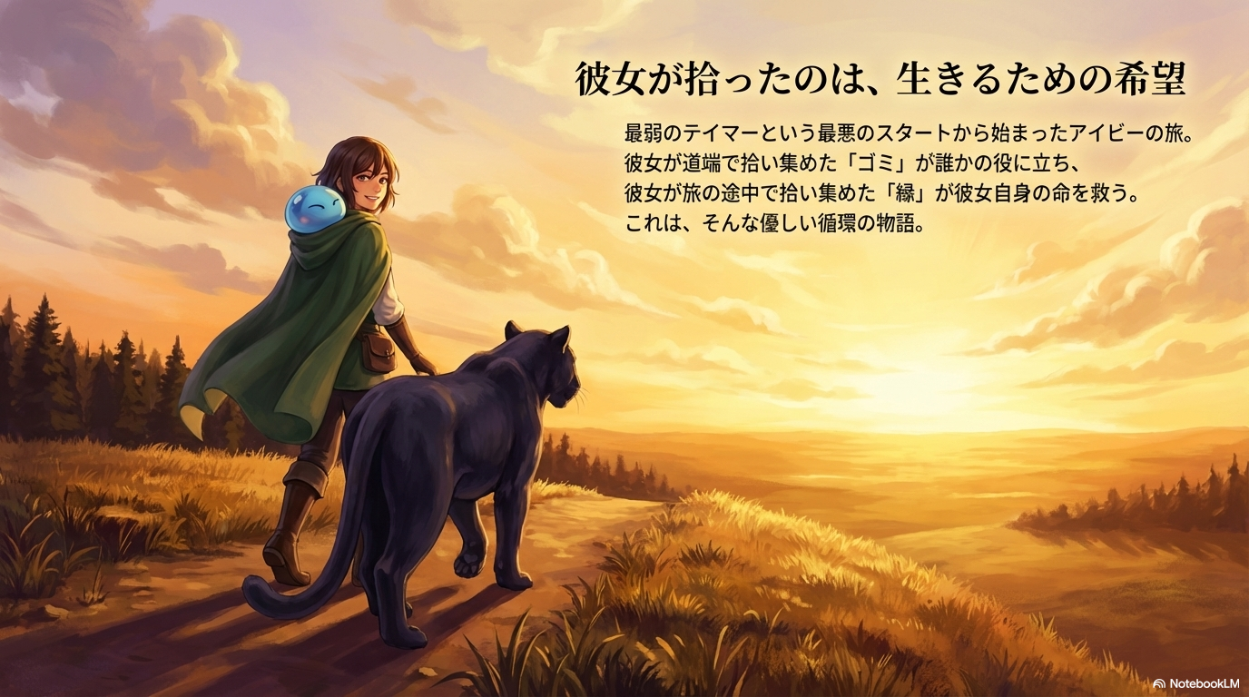 最弱から始まった旅が、ゴミや縁を拾い集めることで希望へと変わっていく物語の締めくくりスライド。