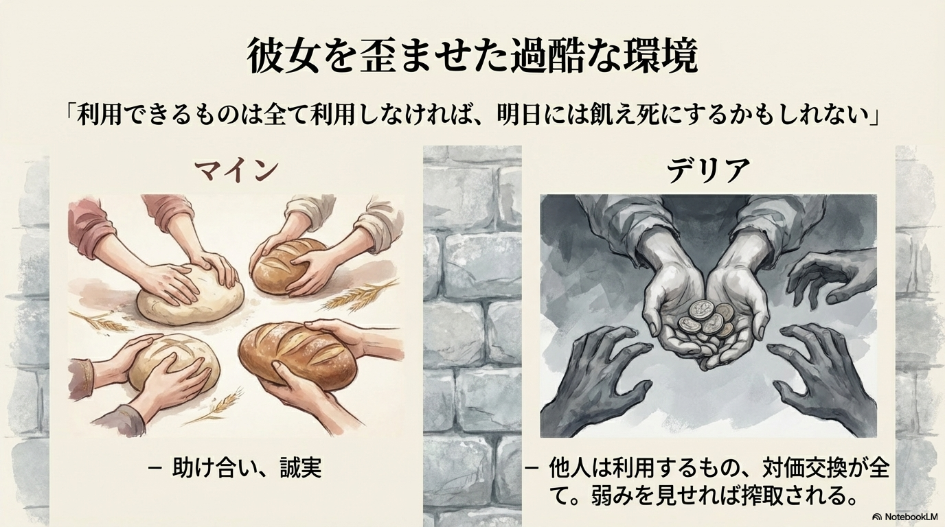 マインの助け合いの精神とデリアの奪い合いの精神を比較した孤児院の環境イメージ
