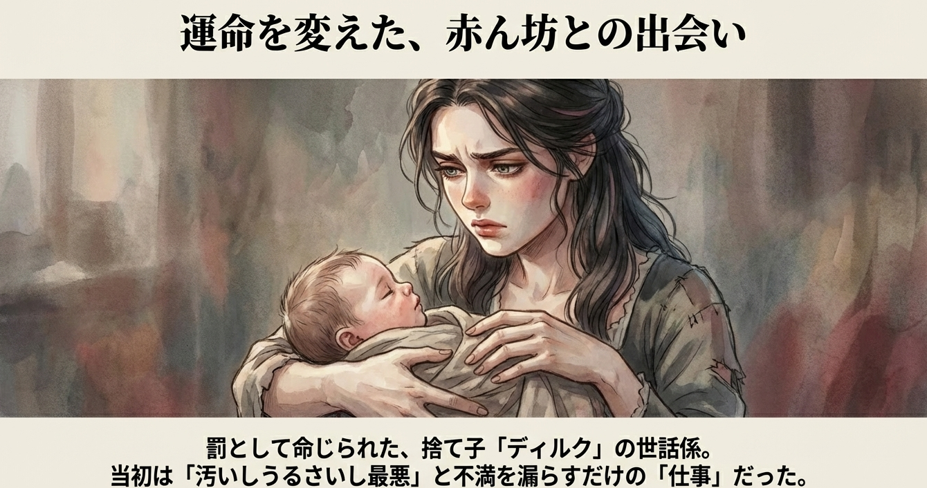 本好きの下剋上でデリアが身食いの捨て子ディルクを初めて抱きかかえ戸惑う様子