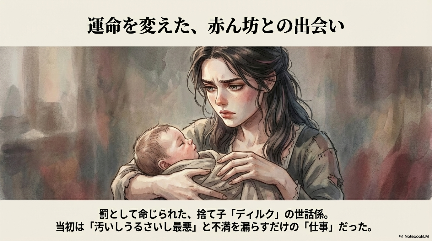 本好きの下剋上でデリアが身食いの捨て子ディルクを初めて抱きかかえ戸惑う様子