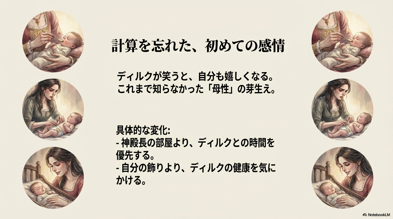 ディルクの世話をする中で母性に目覚め優しい表情を見せるデリアのイラスト
