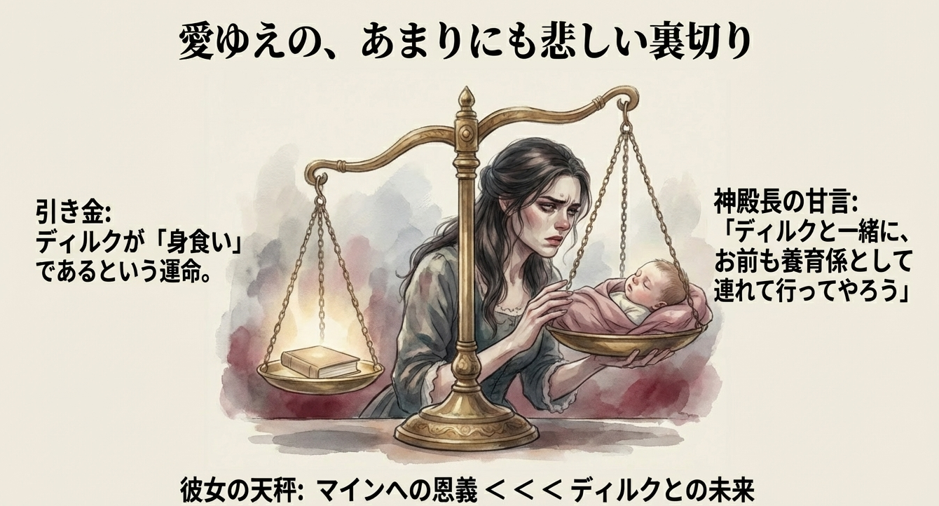 マインへの恩義とディルクとの未来を天秤にかけ苦渋の決断をするデリアのイメージ図