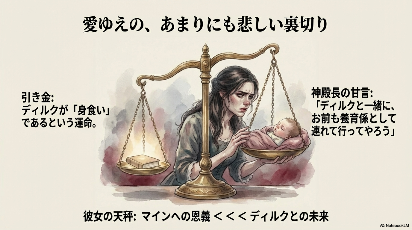 マインへの恩義とディルクとの未来を天秤にかけ苦渋の決断をするデリアのイメージ図