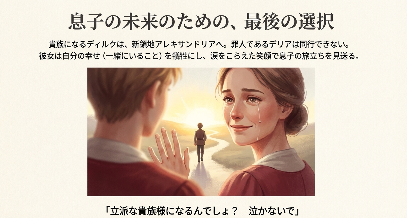 貴族となり旅立つディルクを涙をこらえて笑顔で見送るデリアの感動的な別れのシーン