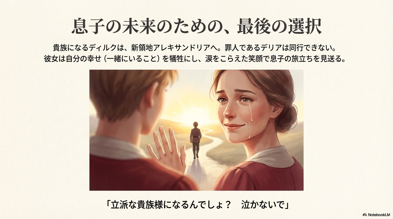 貴族となり旅立つディルクを涙をこらえて笑顔で見送るデリアの感動的な別れのシーン