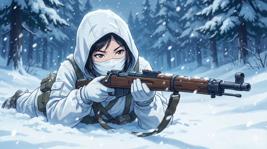 極寒の雪山で白い迷彩服に身を包み、ライフルを構えて潜伏するアジア人女性のスナイパー、シモヘイヘのイメージ。