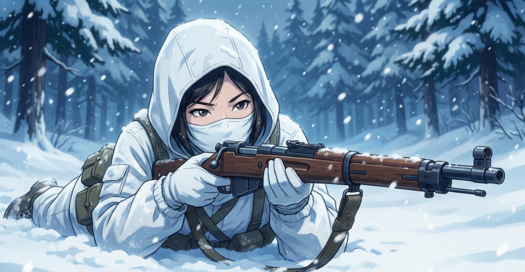 極寒の雪山で白い迷彩服に身を包み、ライフルを構えて潜伏するアジア人女性のスナイパー、シモヘイヘのイメージ。