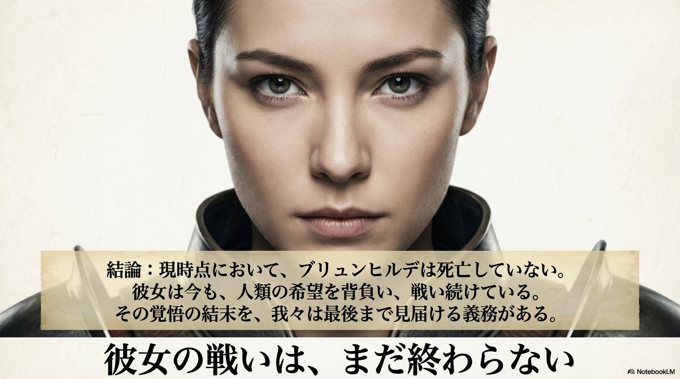 ブリュンヒルデは現時点で死亡しておらず、その覚悟の結末を最後まで見届ける義務があることを伝える結論スライド。