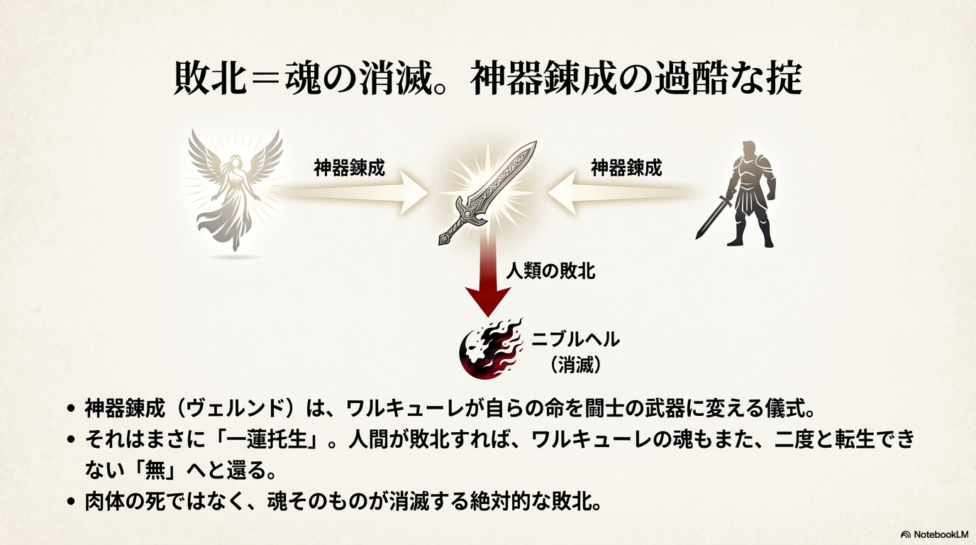 人類が敗北すればワルキューレの魂も消滅する「神器錬成（ヴェルンド）」の過酷な掟を解説する図解スライド。
