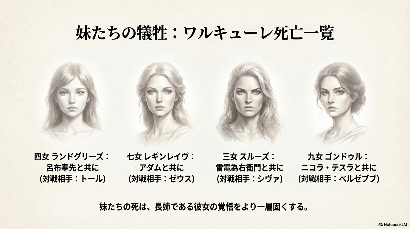 ランドグリーズ、レギンレイヴ、スルーズ、ゴンドゥルの消滅を記した、ワルキューレ死亡一覧スライド。