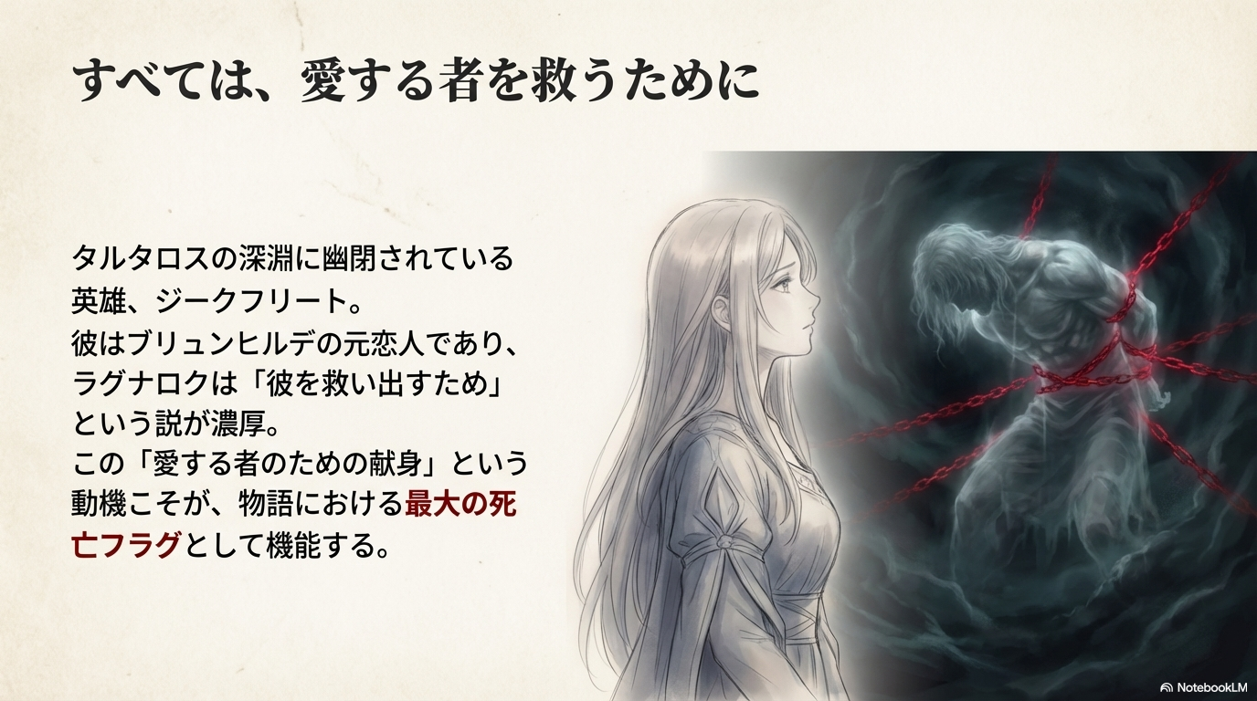幽閉された英雄ジークフリートを救うための献身が、物語最大の死亡フラグとして機能することを解説するスライド。