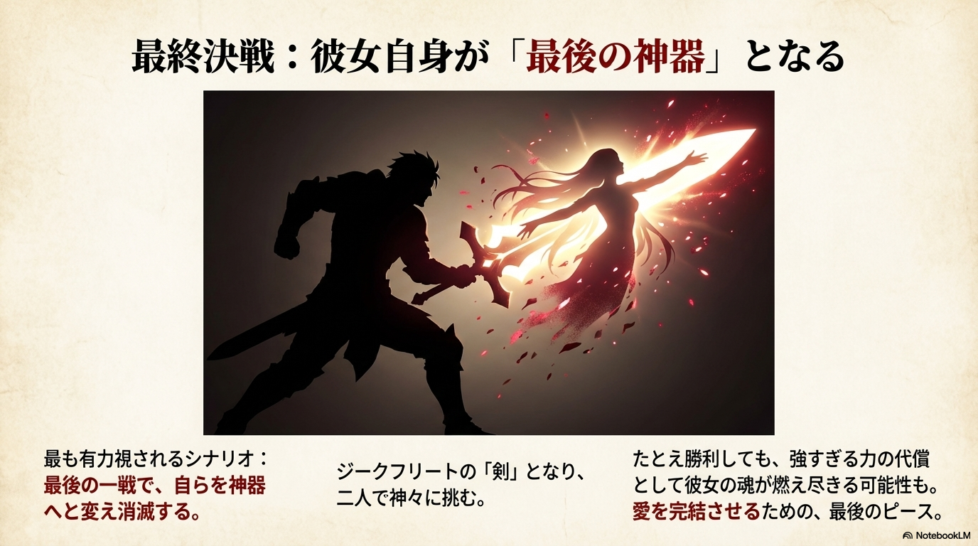 最終決戦でブリュンヒルデが自ら神器となり、魂が燃え尽きる可能性を示す有力な結末シナリオのスライド。