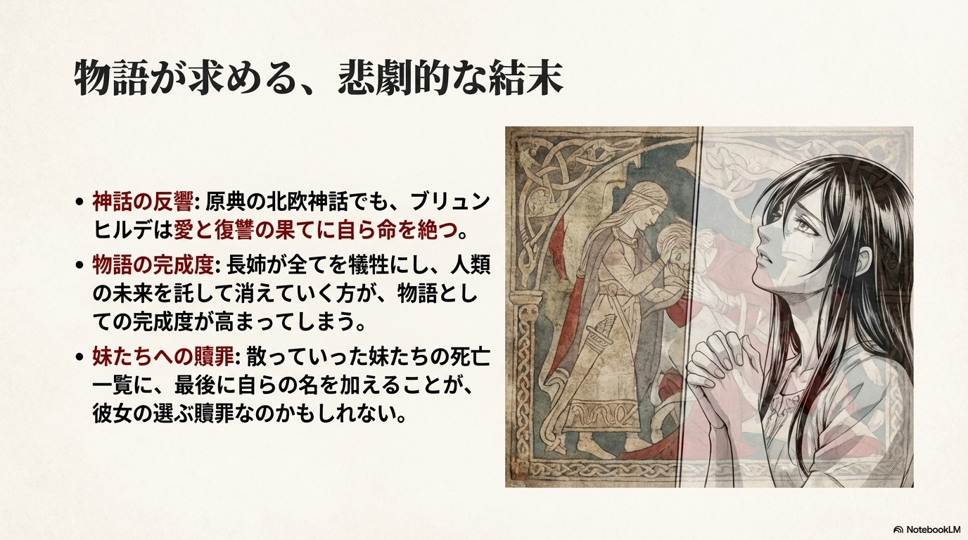 北欧神話の原典や物語の完成度、妹たちへの贖罪という観点から、彼女の悲劇的な最期を考察するスライド。