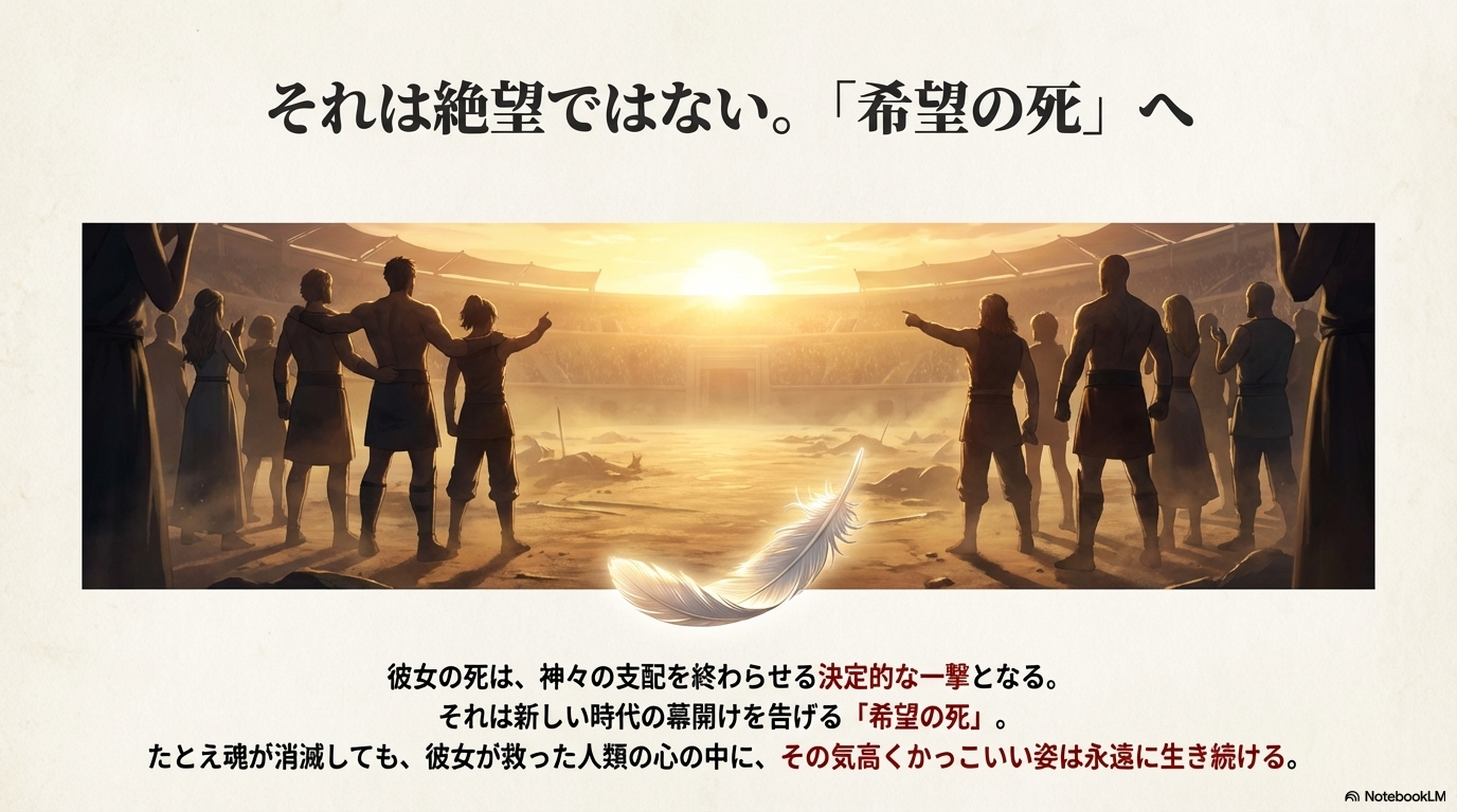 彼女の死が神々の支配を終わらせ、人類の心に永遠に生き続けることを示す「希望の死」をテーマにしたスライド。