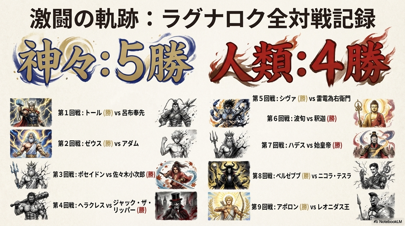 ラグナロクの現在の対戦成績。神々が5勝、人類が4勝で拮抗している状況と呂布奉先のイラスト。