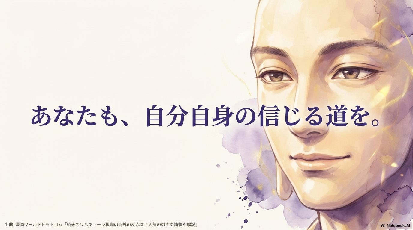 自分自身の信じる道をというメッセージとともに、出典を記載した釈迦の結びのスライド