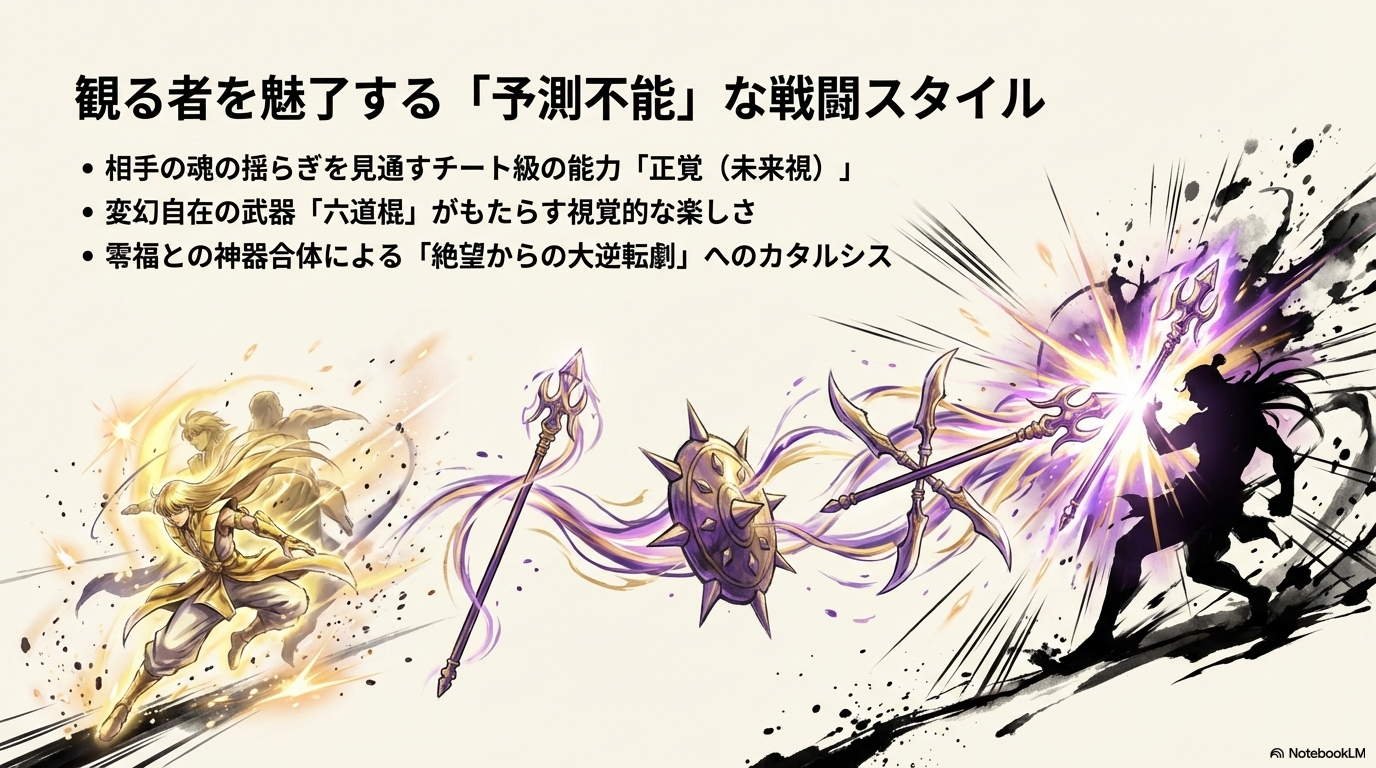 釈迦の未来視能力・正覚や変幻自在の武器・六道棍、零福との神器合体による大逆転劇を解説する戦闘スタイルのスライド